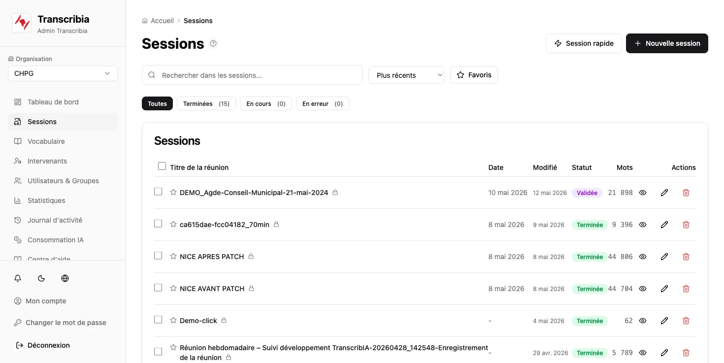Capture de l'interface TranscribIA — liste des sessions